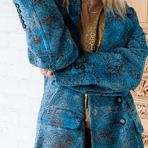 Free People Large Teal and Gold Long Coat - Picture 3 of 10